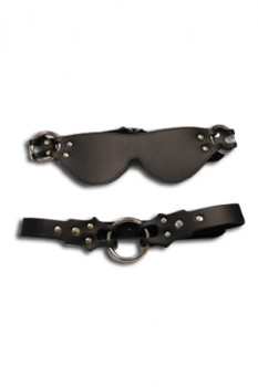 Чёрная кожаная маска и кляп-рамка Eye mask & ring gag
