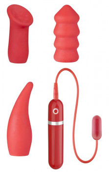 Маленькая вибропуля с 3 красными насадками Neon Secret Desires 10Func. Vibrator Kit